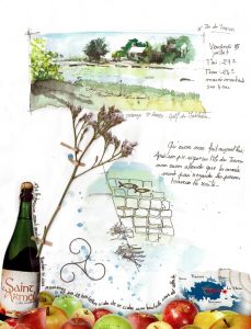 page composée d'un petit paysage en aquarelle de l'île du Tascon collage d'une publicité pour du cidre et ajout d'une fleur du marais séchée.