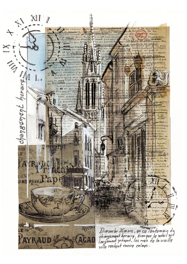 aquarelle sur feuille maniuscrite collée représentant les ruelles vides de la vieille ville de Nancy avec en fond le clocher de l'église St Epvre