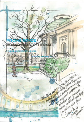 page de carnet avec une aquarelle du bâtiment de la piscine ronde et une photo de l'intérieur