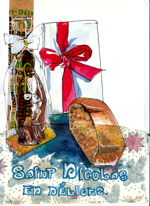 mise en page de croquis de st Nicolas en chocolat paquet cadeau et morceau pain d'épices