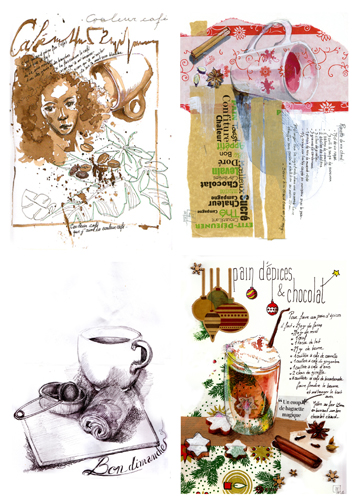 composition thème tasses techniques mixtes collage, aquarelle, stylo bille